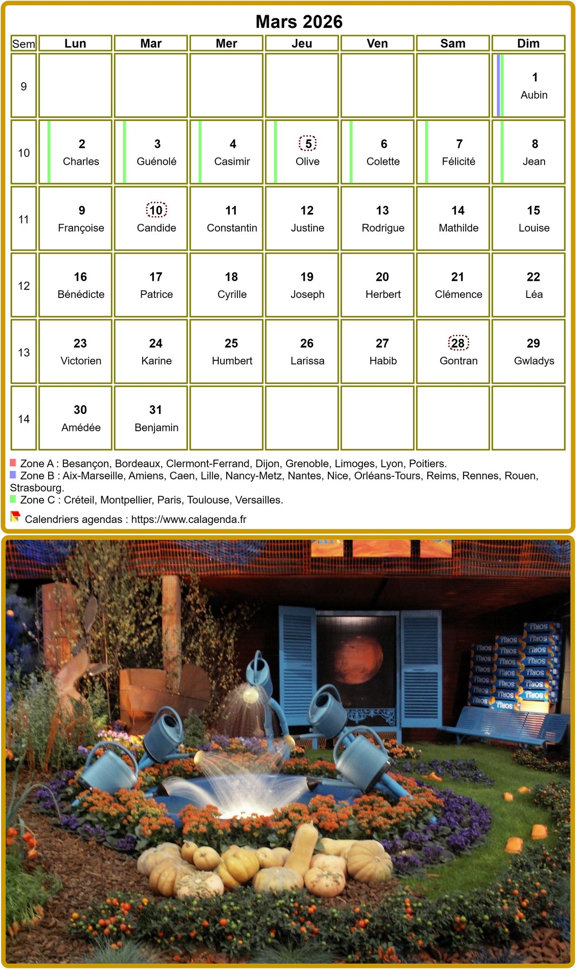 Calendrier mensuel 2026 à imprimer, avec photographie au dessous