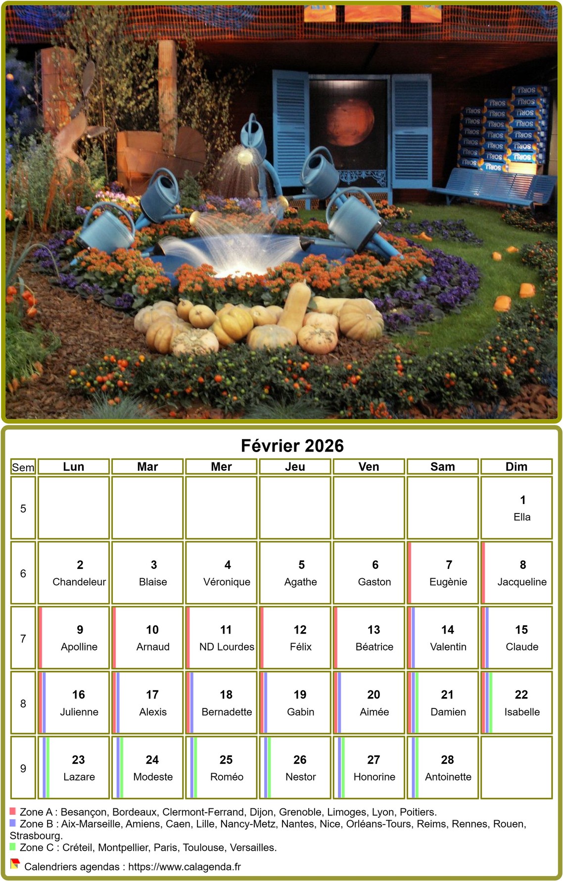 Calendrier 2026 à imprimer, mensuel, avec photographie au dessus