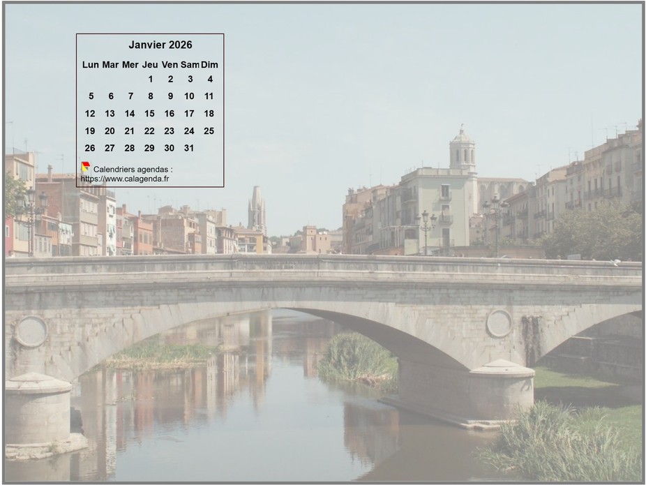 Calendrier mensuel 2026 à imprimer, incrusté en haut à gauche d'une photo
