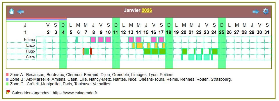 Calendrier 2026 planning horizontal mensuel