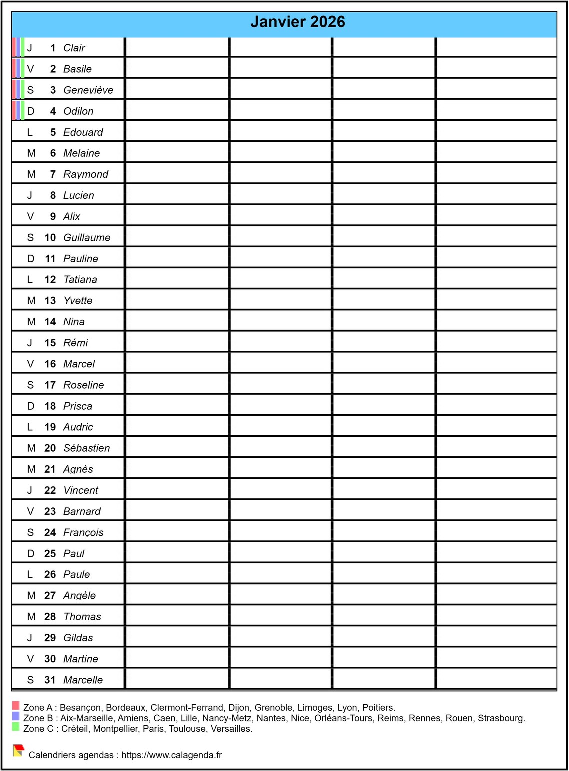 Calendrier planning mensuel 2026 vierge, format portrait, avec les fêtes