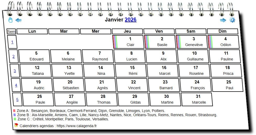 Calendrier mensuel 2026 à spirales