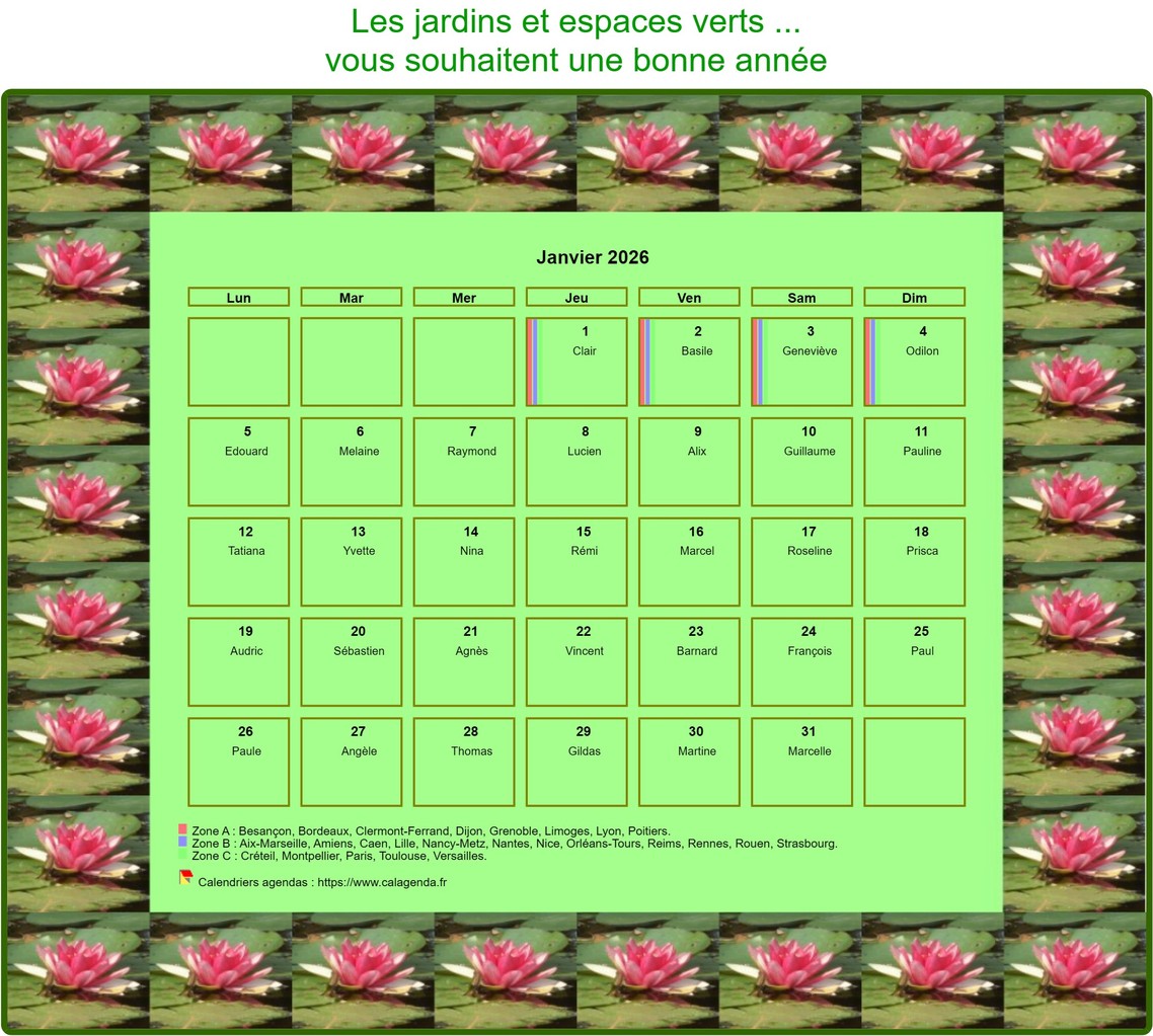 Calendrier 2026 agenda décoratif mensuel, cadre avec motifs nénuphars