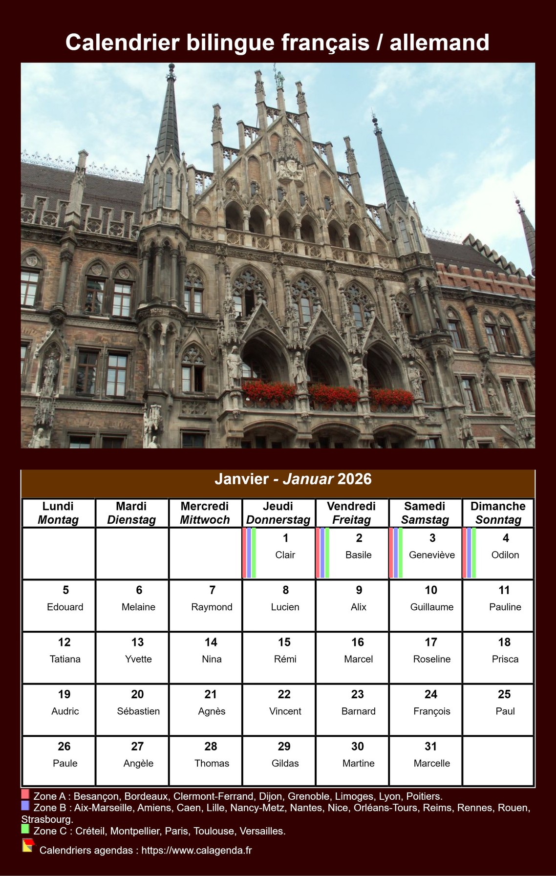Calendrier mensuel 2026 allemand