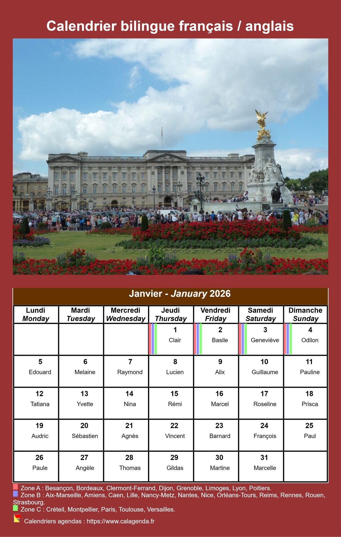 Calendrier mensuel 2026 bilingue français / anglais.