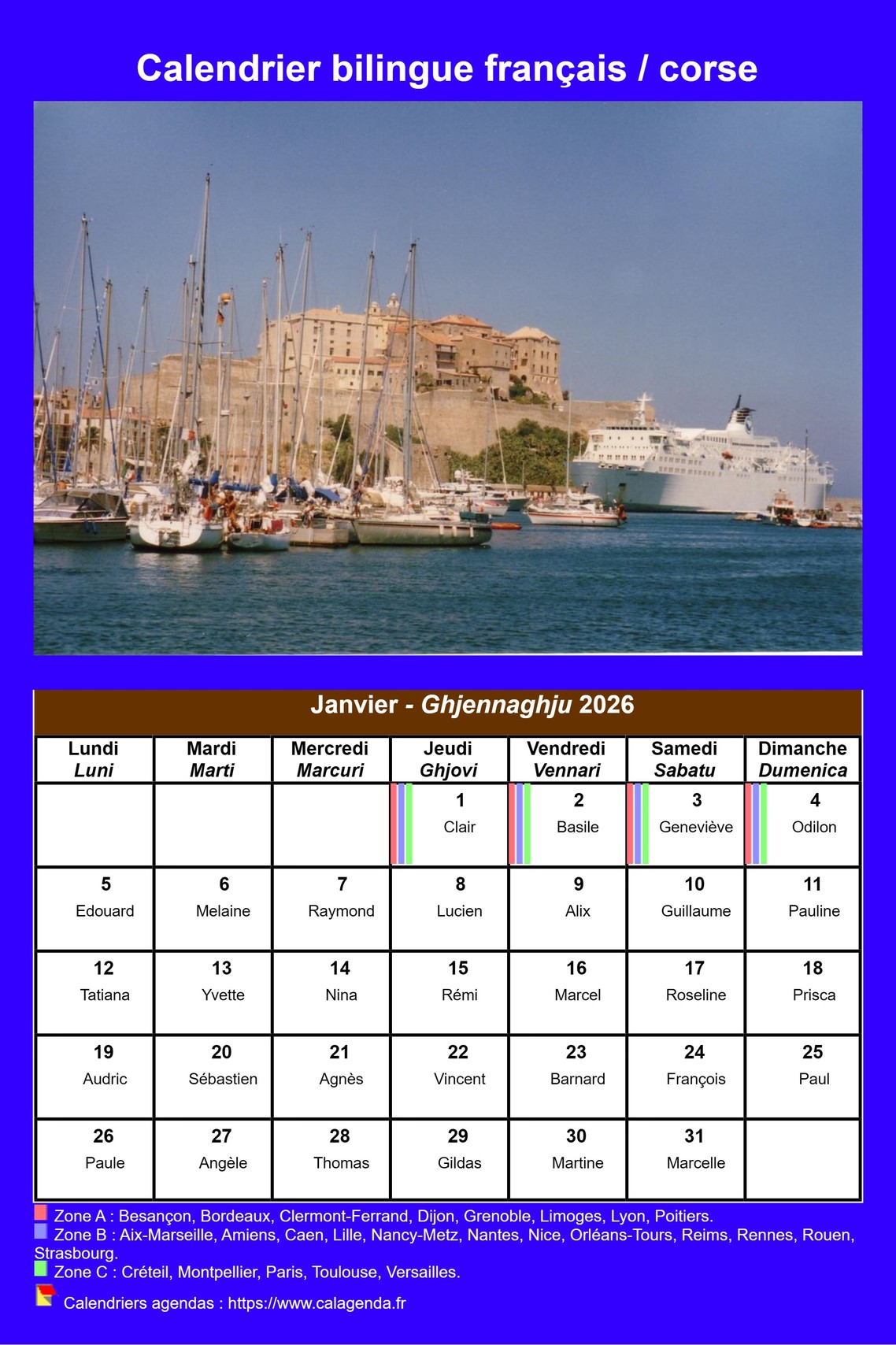 Calendrier mensuel 2026 corse