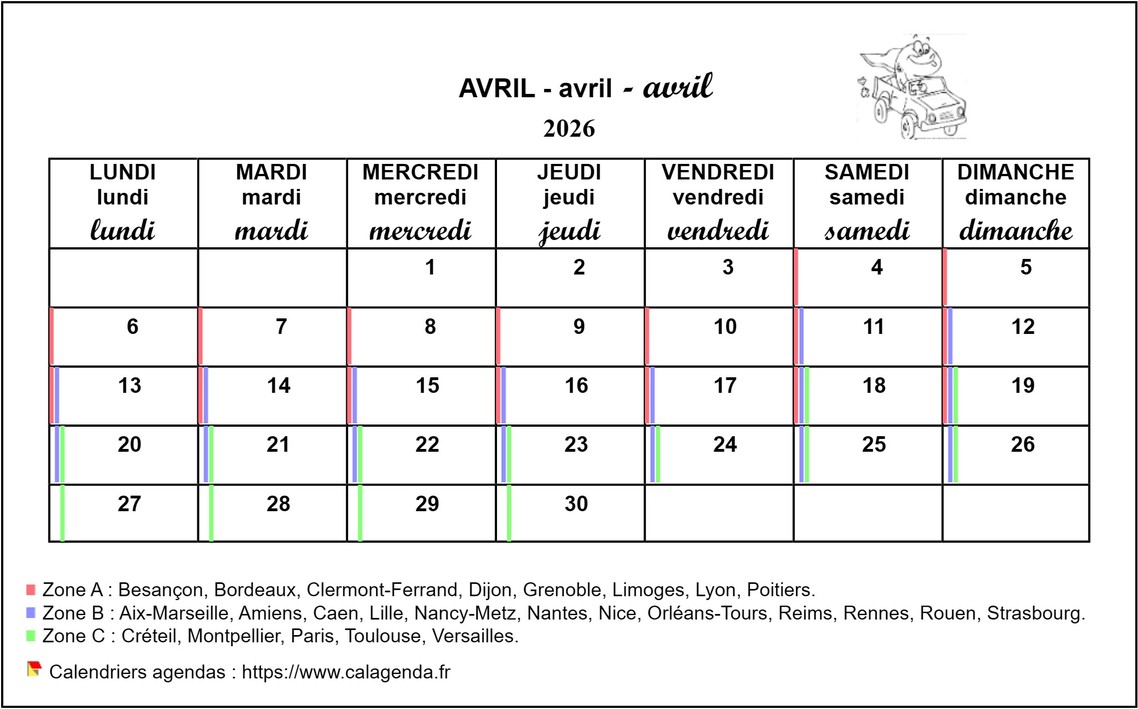 Calendrier mensuel 2026 école primaire et maternelle