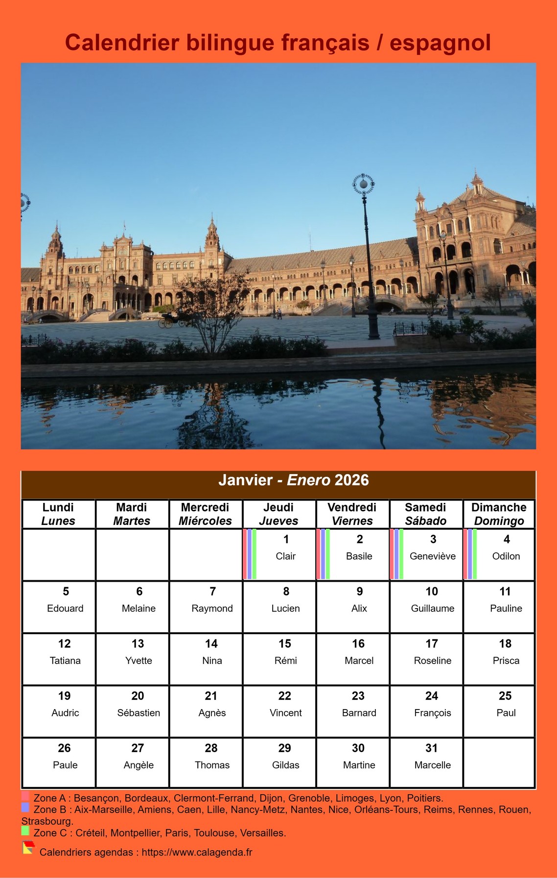 Calendrier mensuel 2026 bilingue français / espagnol