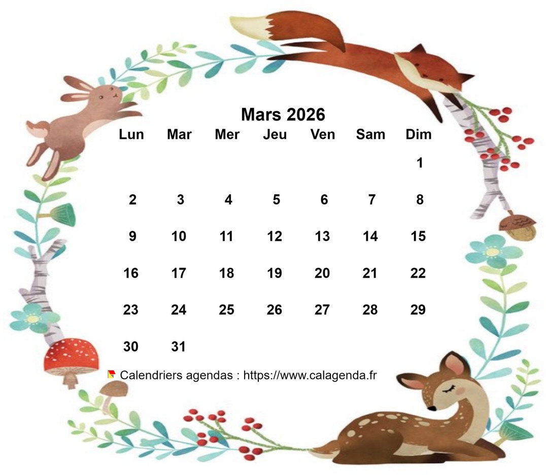 Calendrier mensuel 2026 style flore et faune