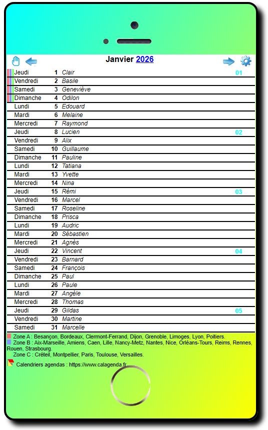 Calendrier mensuel 2026, style iPhone