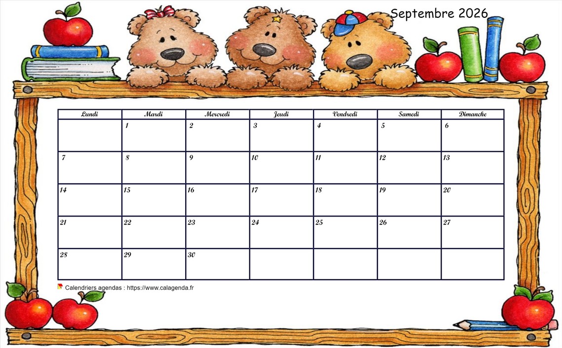 Calendrier mensuel 2026 école maternelle