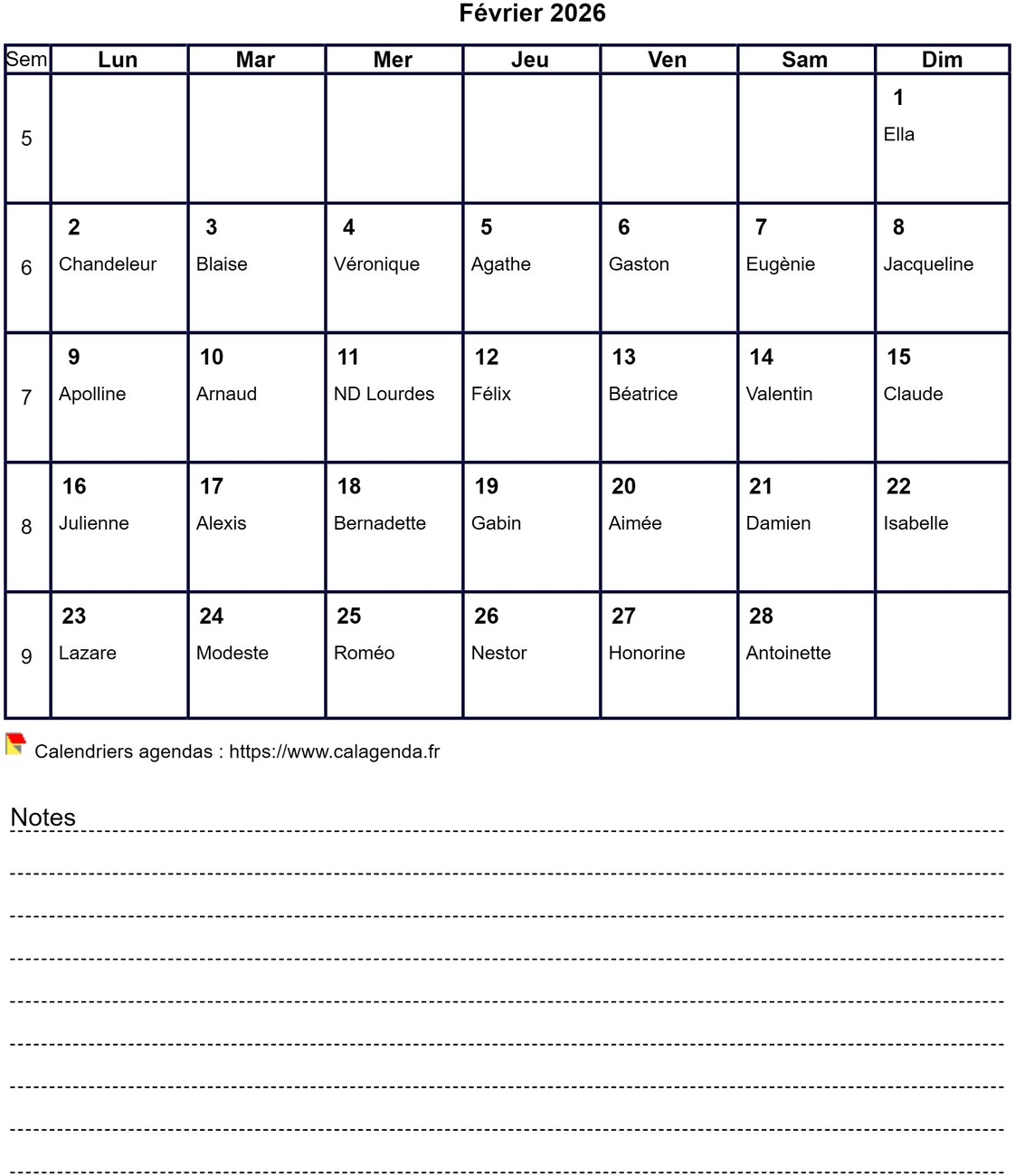 Calendrier mensuel 2026 avec notes Calendrier mensuel 2026 avec notes