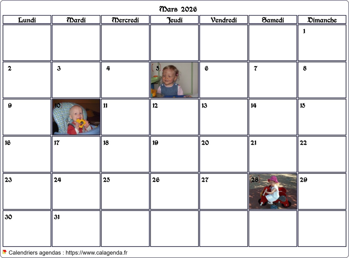 Calendrier mensuel 2026 avec photos d'anniversaires dans les cases Calendrier mensuel 2026 avec photos d'anniversaires dans les cases