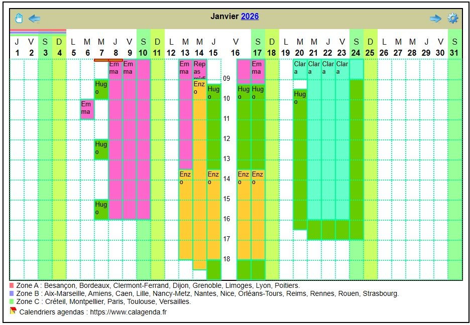 Calendrier planning horizontal mensuel avec la grille des horaires Calendrier planning horizontal mensuel avec la grille des horaires