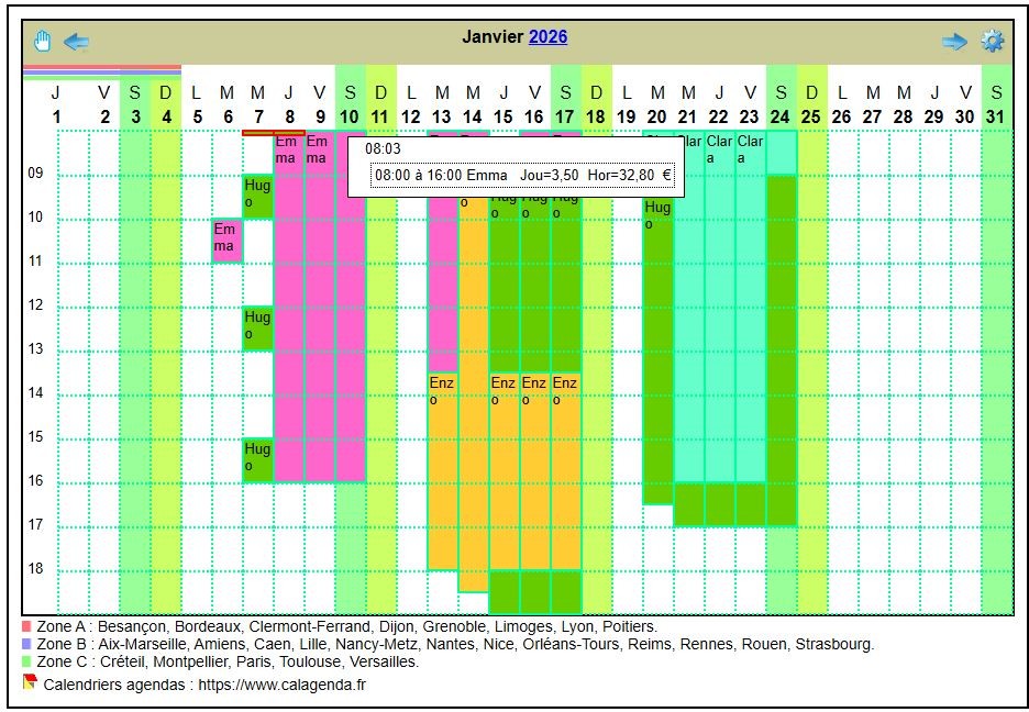 Calendrier planning horizontal mensuel avec la grille des horaires Calendrier planning horizontal mensuel avec la grille des horaires