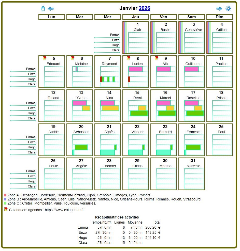 Calendrier planning mensuel détaillé Calendrier planning mensuel détaillé