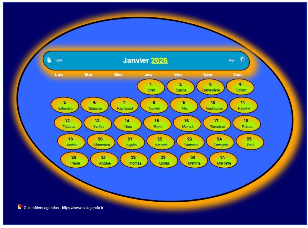 Calendrier mensuel 2026 style soucoupe volante