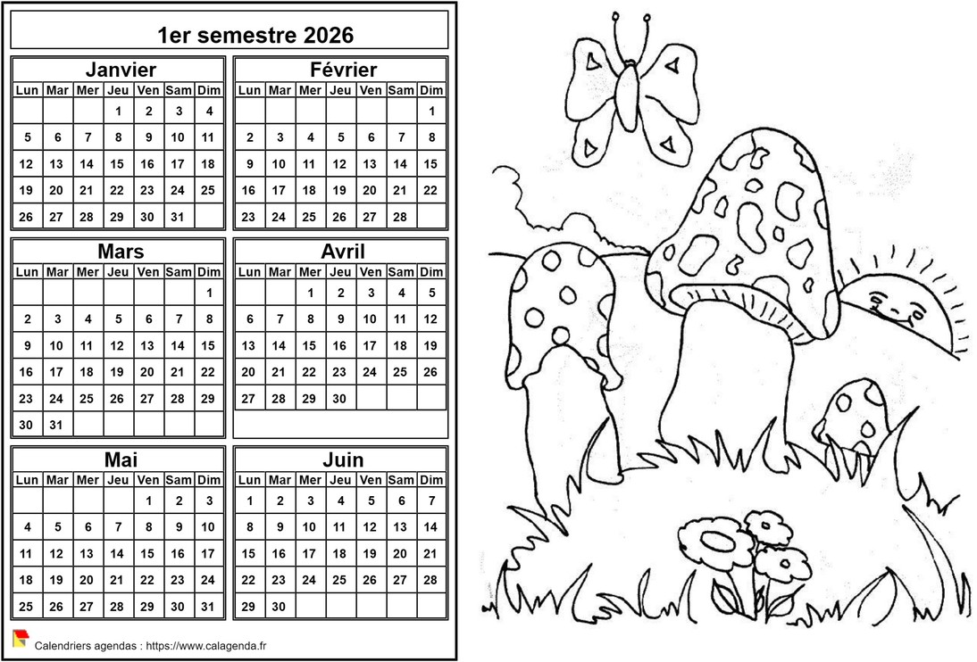Calendrier 2026 à colorier semestriel, format paysage, pour enfants