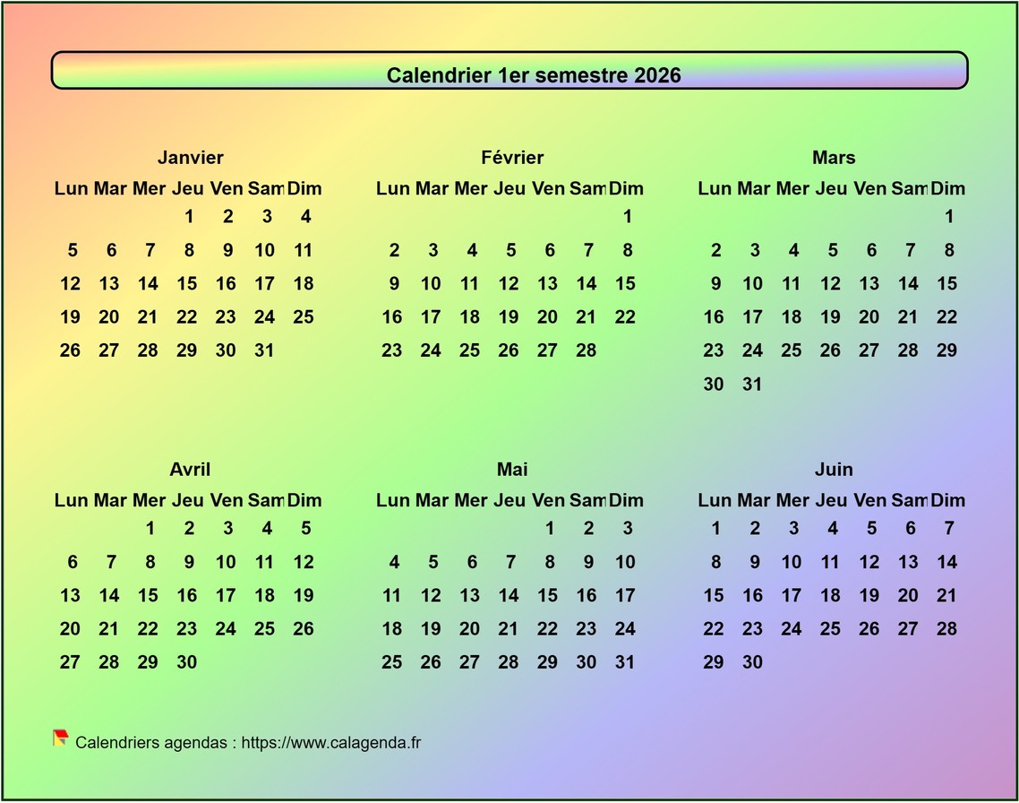 Calendrier 2026 semestriel style arc en ciel