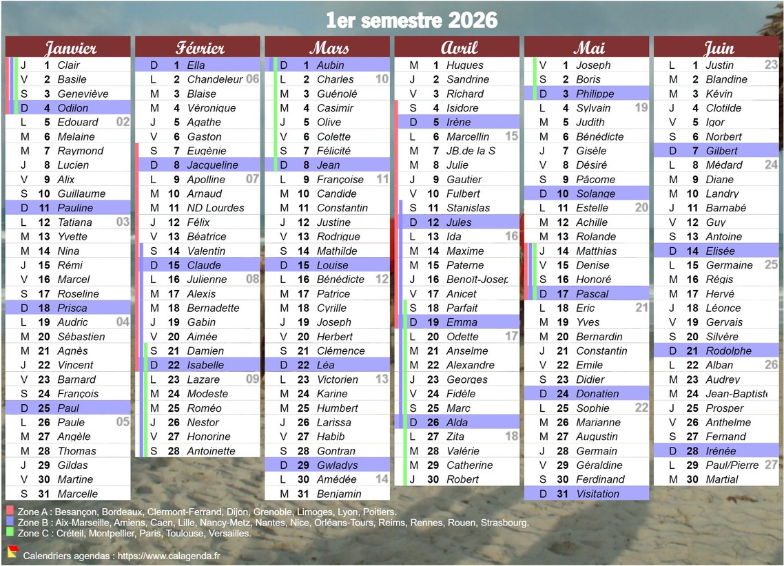 Calendrier 2026 à imprimer, semestriel, avec les fêtes, format portrait, une colonne par mois Calendrier 2026 à imprimer, semestriel, avec les fêtes, format portrait, une colonne par mois