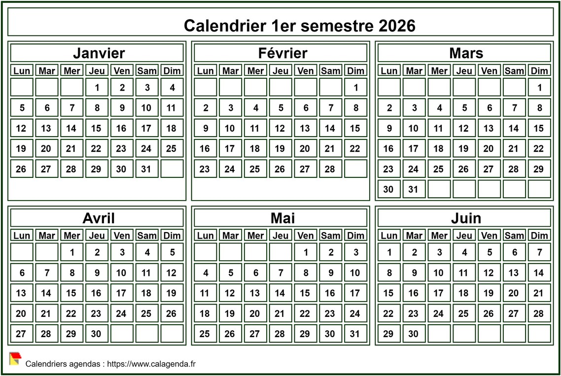 Calendrier 2026 à imprimer, semestriel, format mini de poche, fond blanc