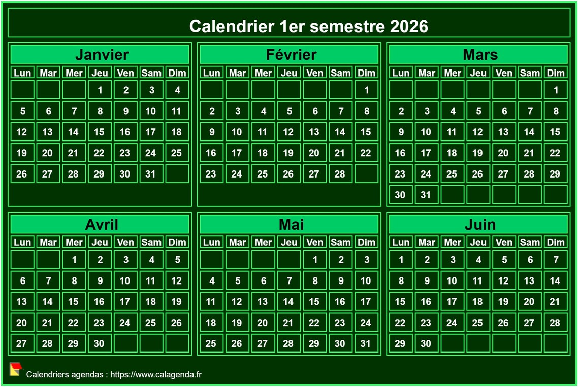 Calendrier 2026 à imprimer, semestriel, format mini de poche, fond vert