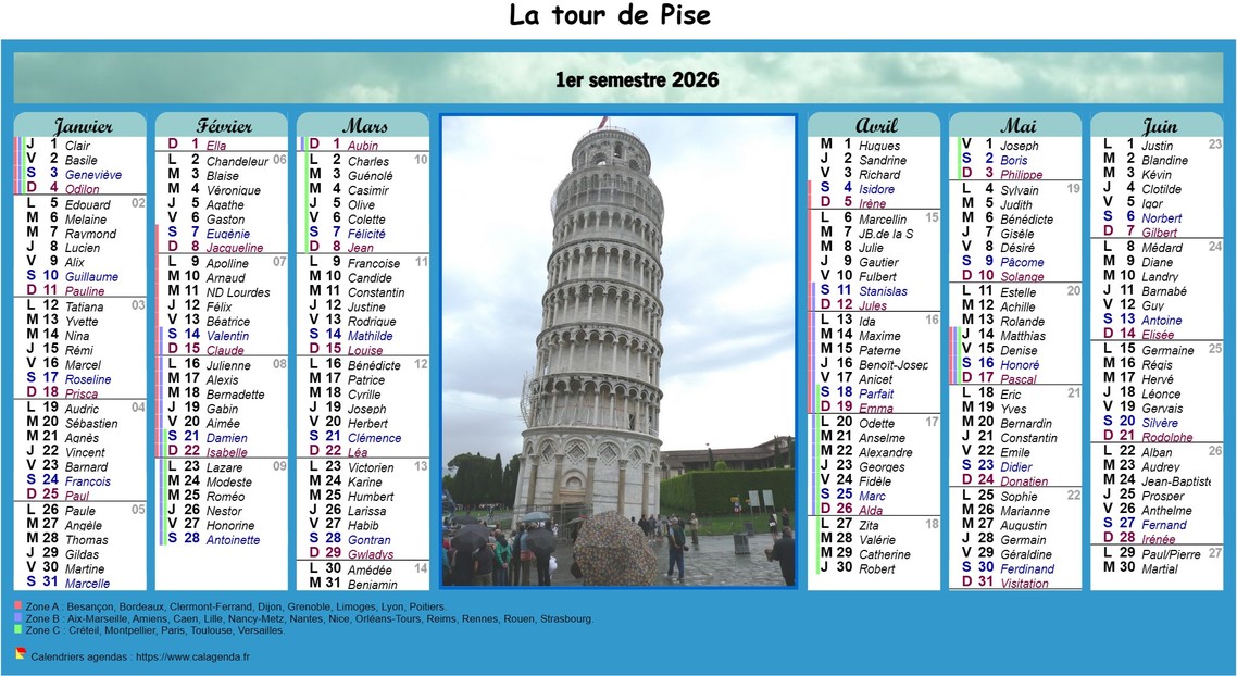 Calendrier 2026 semestriel en colonnes avec photo au centre