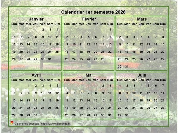 Calendrier 2026 à imprimer semestriel, format paysage, avec photo en fond de calendrier Calendrier 2026 à imprimer semestriel, format paysage, avec photo en fond de calendrier