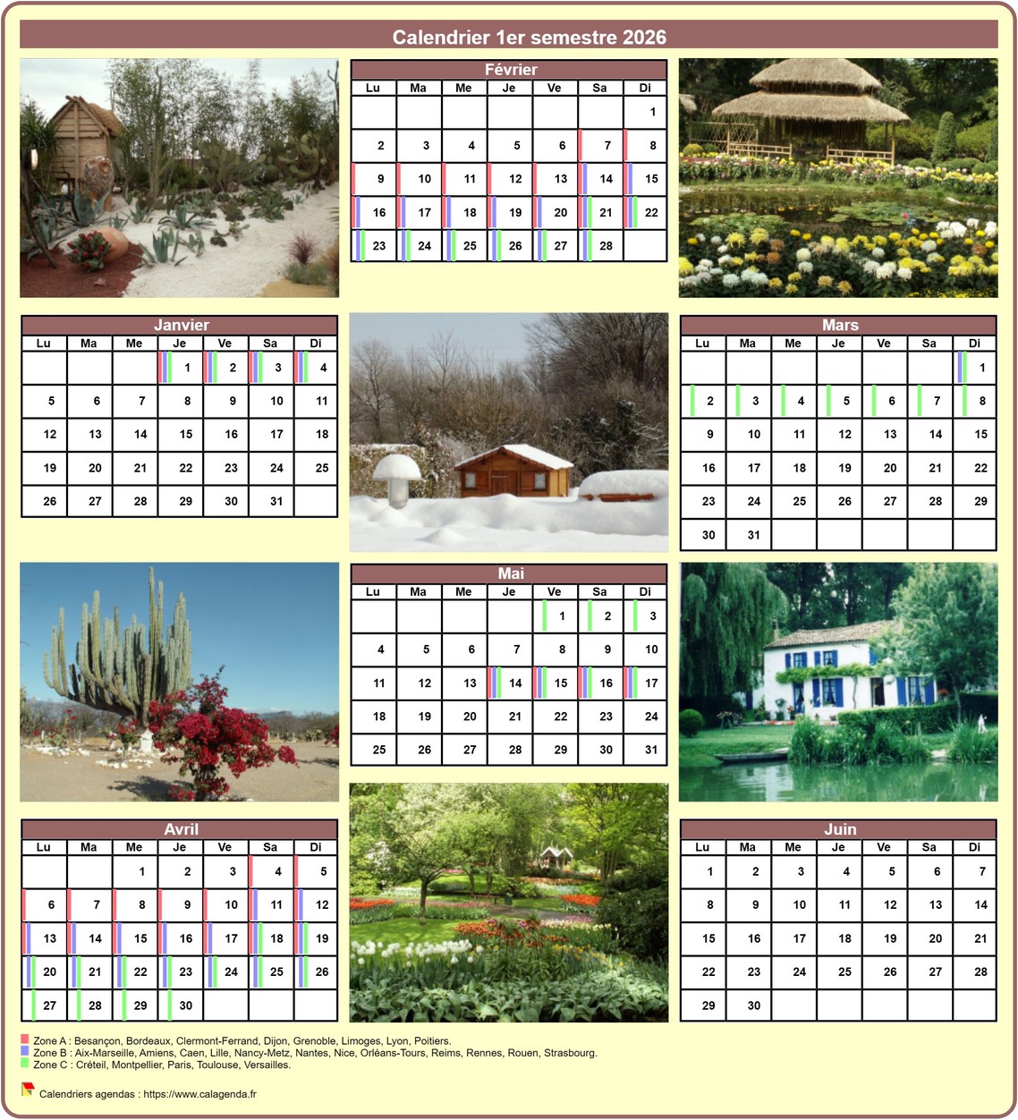 Calendrier 2026 semestriel avec une photo différente chaque mois
