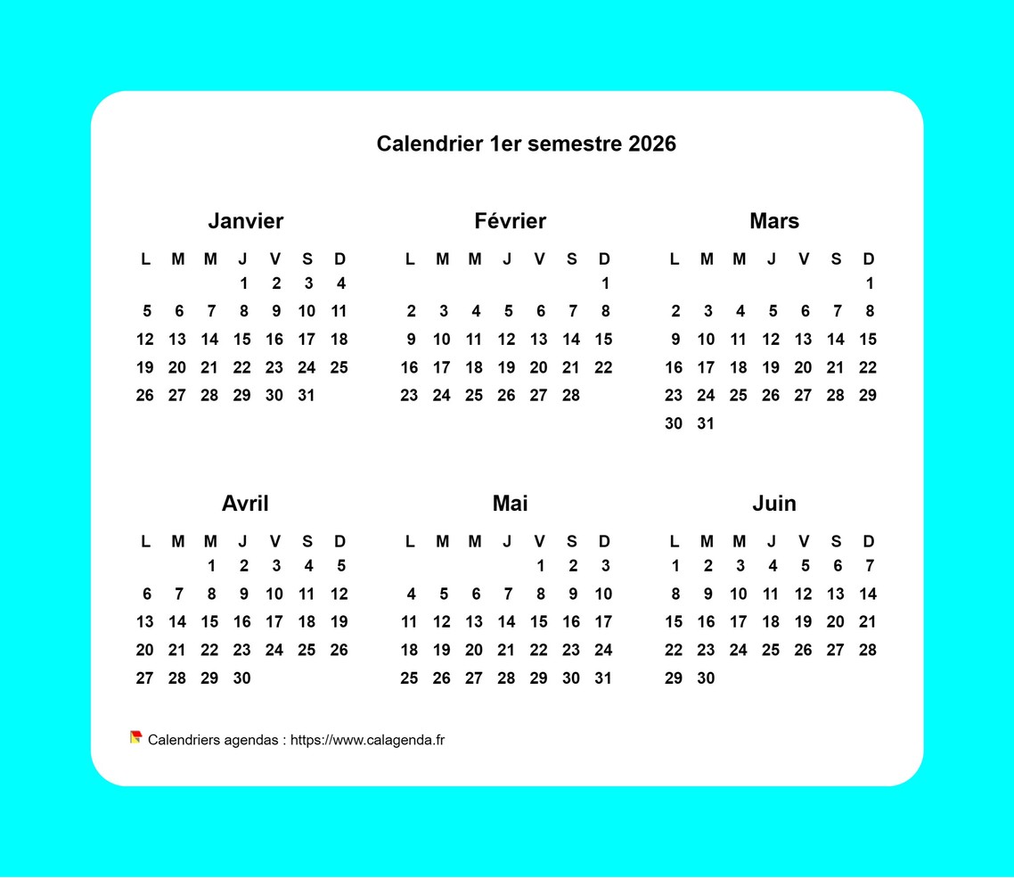 Calendrier 2026 semestriel avec bordure