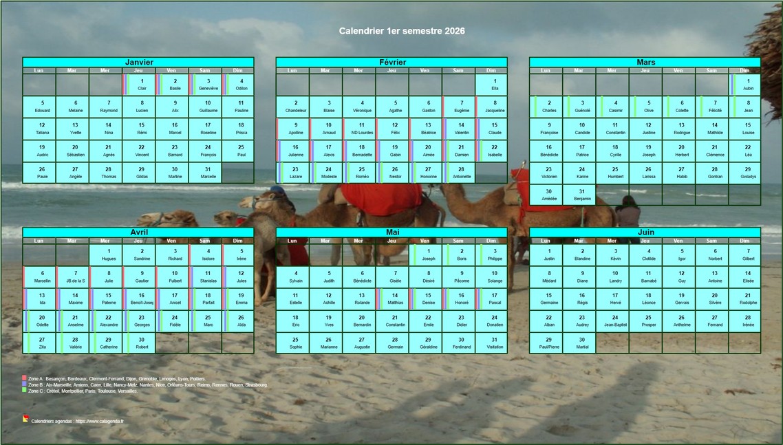 Calendrier 2026 à imprimer semestriel, format paysage, avec photo