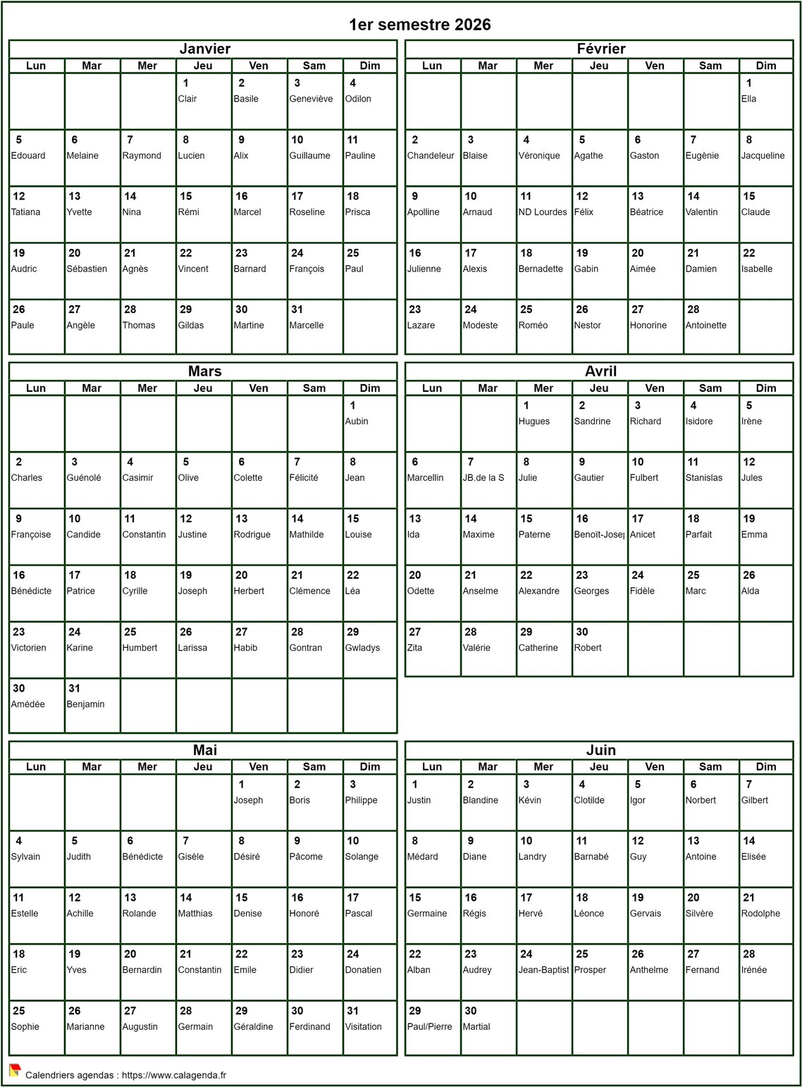 Calendrier 2026 à imprimer semestriel, format portrait, avec les fêtes