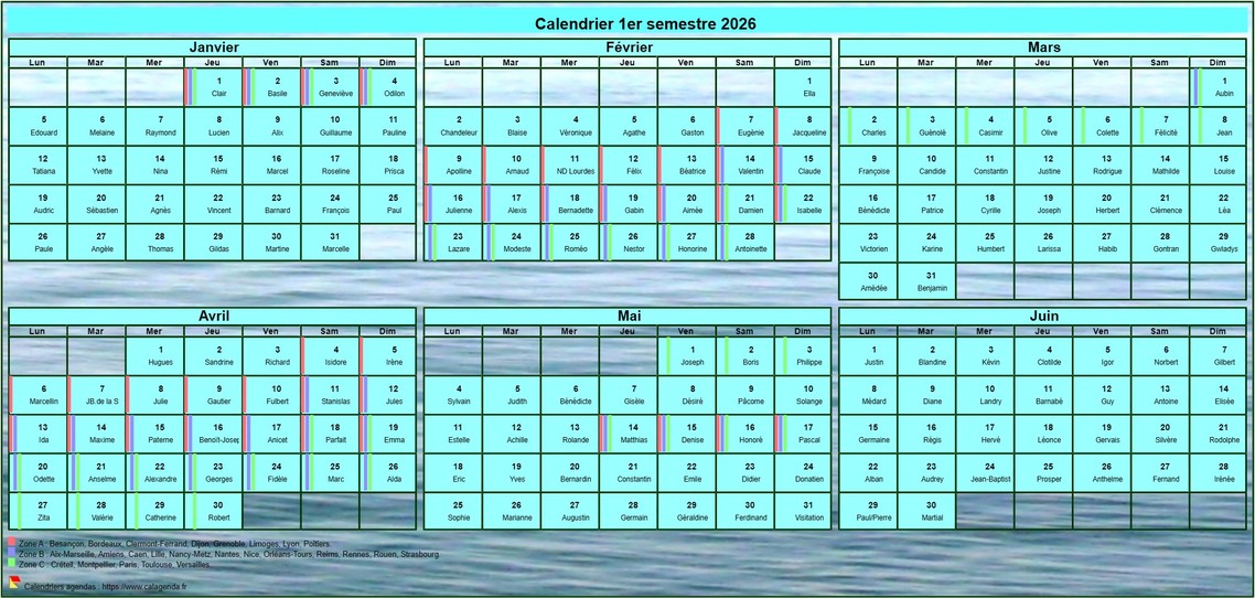 Calendrier 2026 à imprimer semestriel, format portrait, avec photo en fond de calendrier