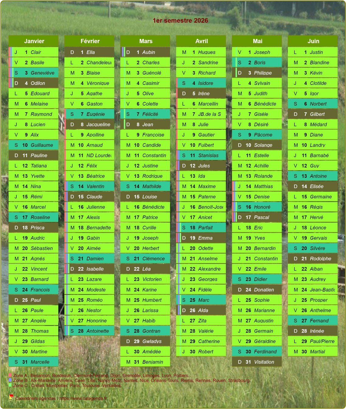 Calendrier 2026 semestriel décoratif avec agenda, format portrait, une colonne par mois