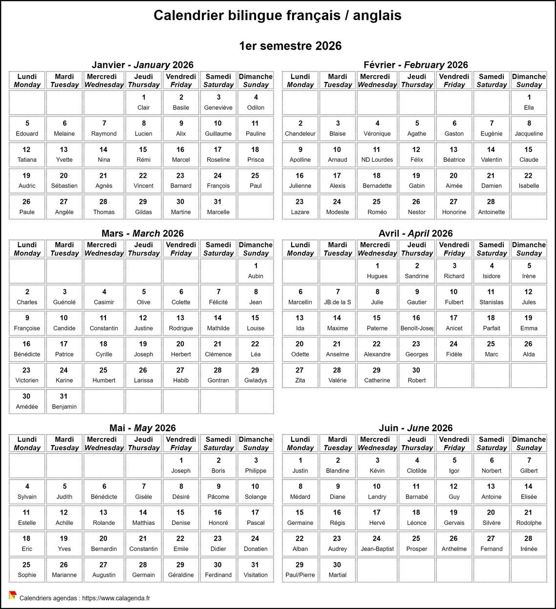 Calendrier 2026 semestriel français anglais