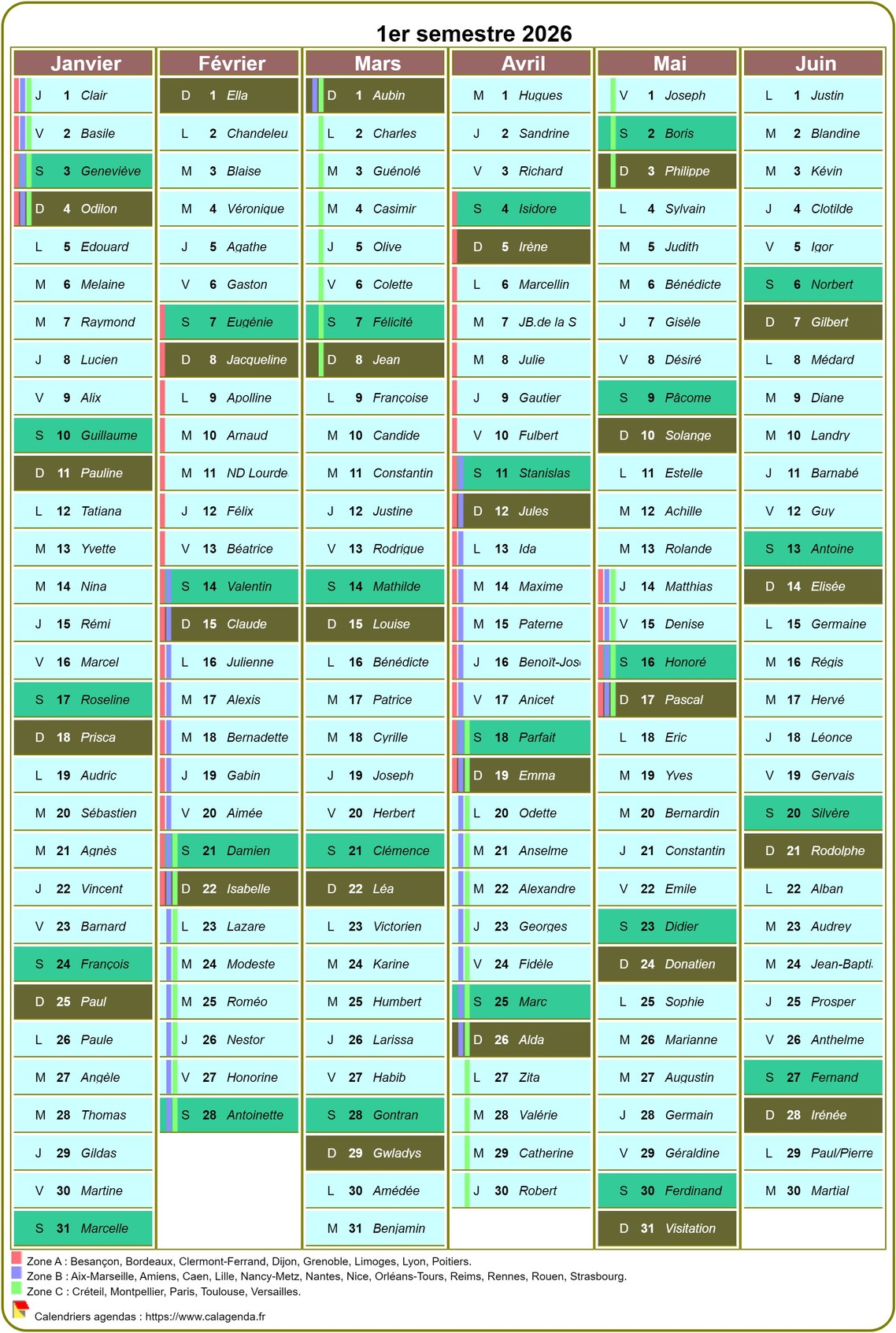 Modèle par défaut du calendrier agenda semestriel, une colonne par mois Modèle par défaut du calendrier agenda semestriel, une colonne par mois