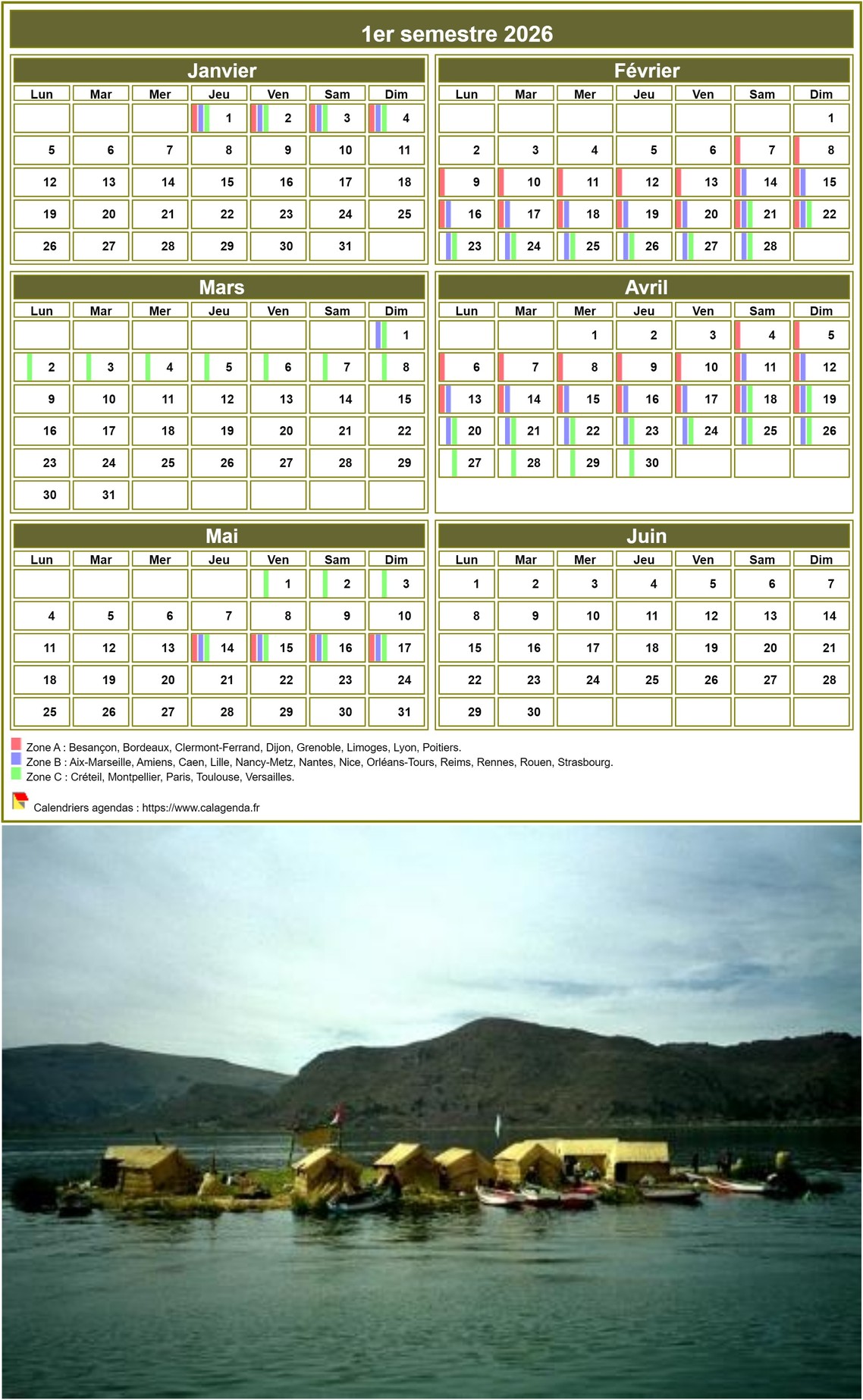 Modèle par défaut du calendrier agenda semestriel, 2 colonnes par 3 lignes