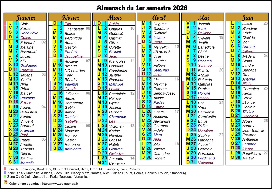 Calendrier 2026 semestriel six colonnes de format paysage