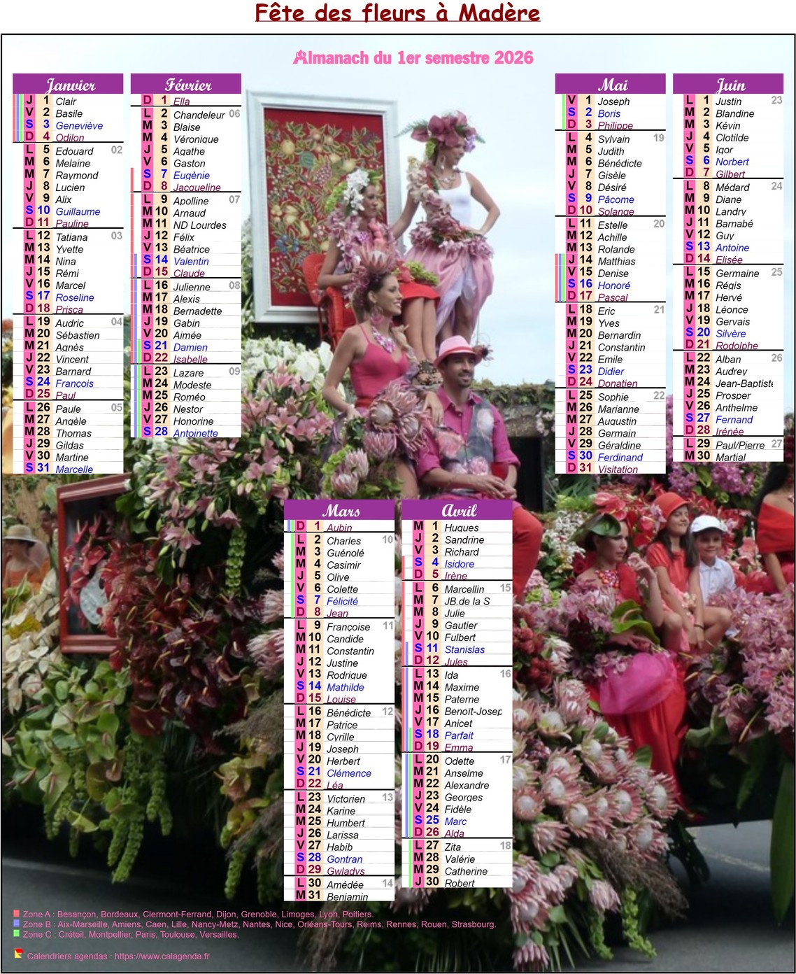 Calendrier 2026 semestriel fête des fleurs à Madère