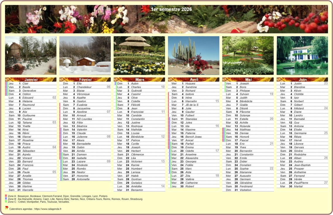 Calendrier 2026 semestriel en colonnes avec une photo différente chaque mois