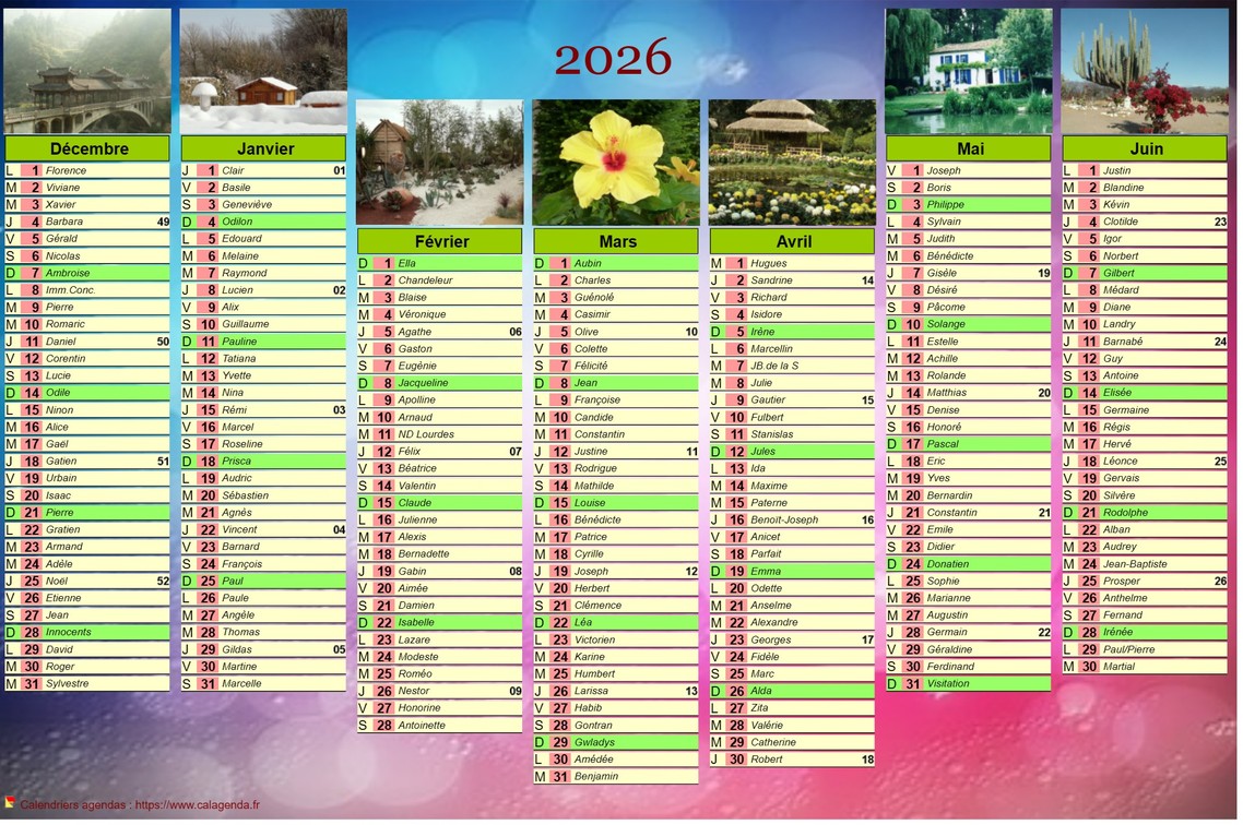 Calendrier 2026 de sept mois avec photos