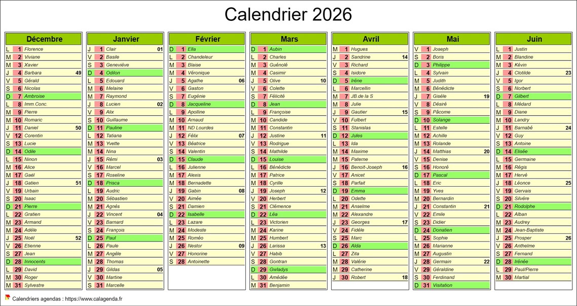 Calendrier 2026 semestriel de sept mois
