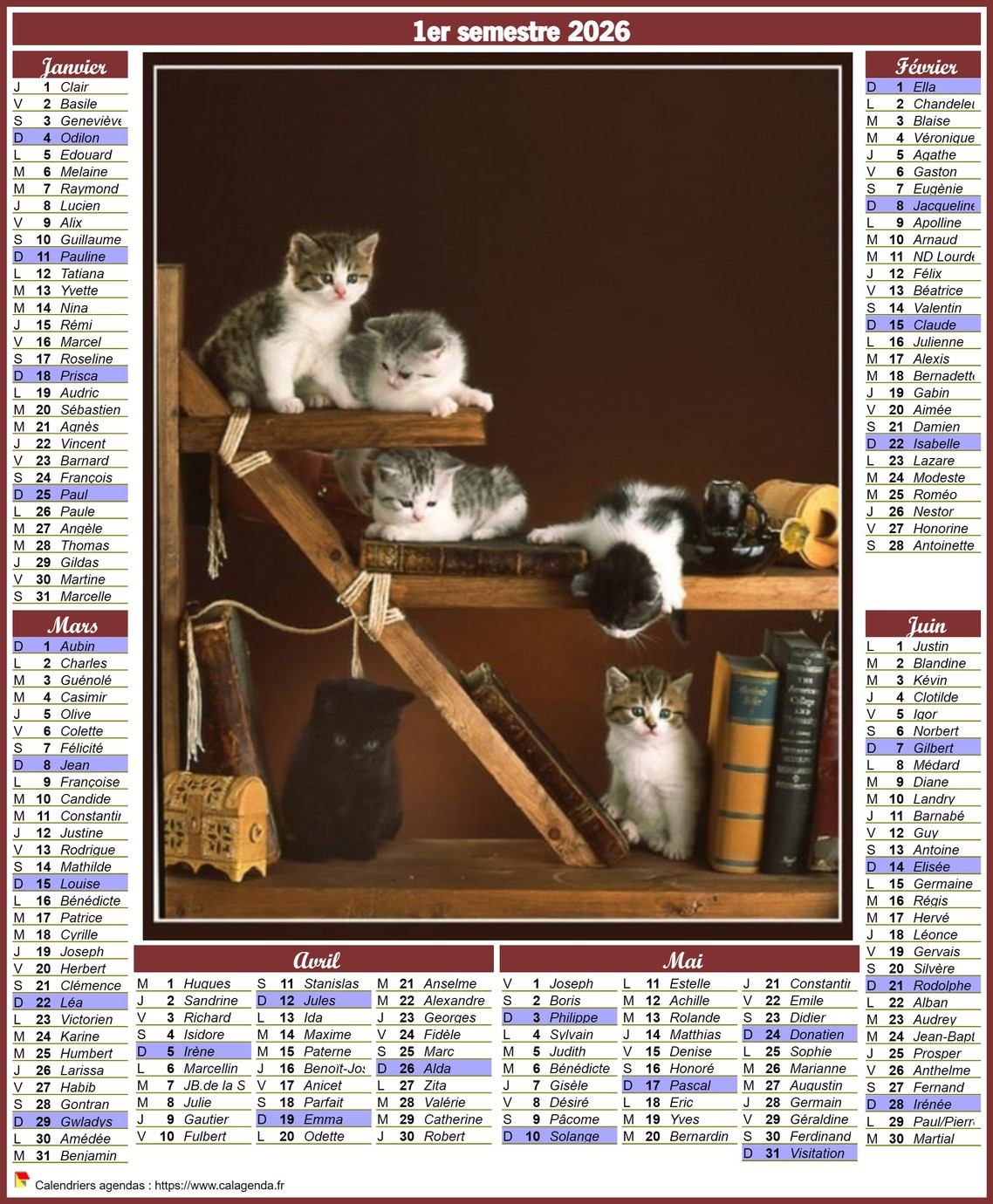 Calendrier 2026 style postes semestriel Calendrier 2026 style postes semestriel