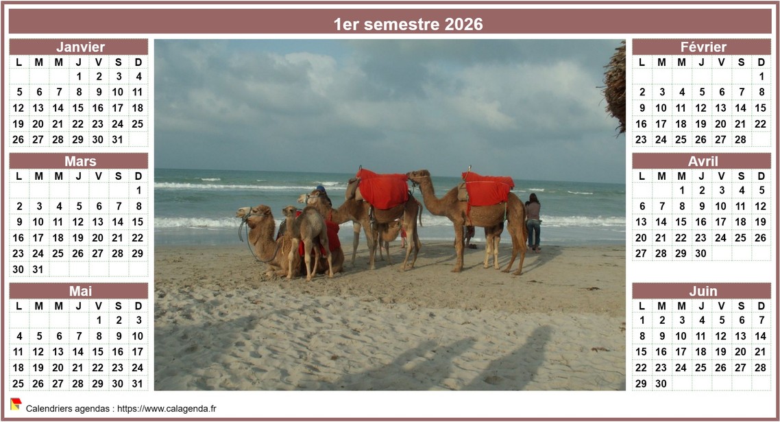 Calendrier 2026 semestriel de style calendrier des postes avec photo au centre