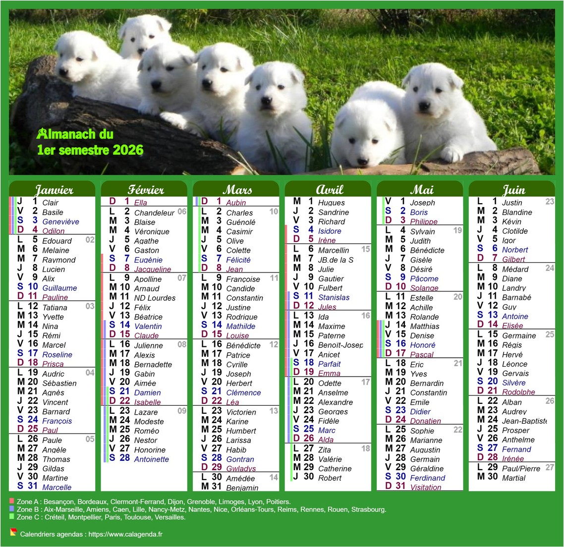 Calendrier 2026 semestriel style calendrier des postes
