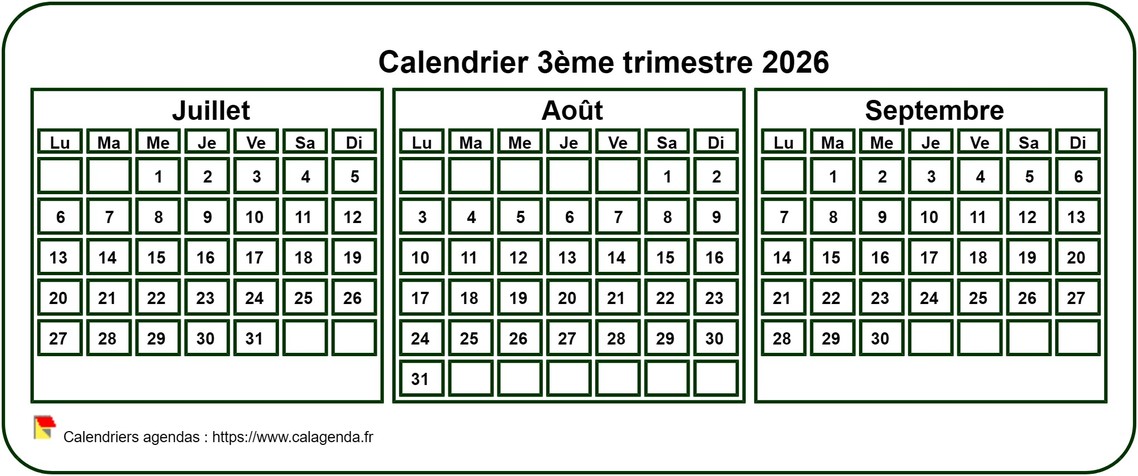 Calendrier 2026 à imprimer trimestriel, format mini de poche, fond blanc