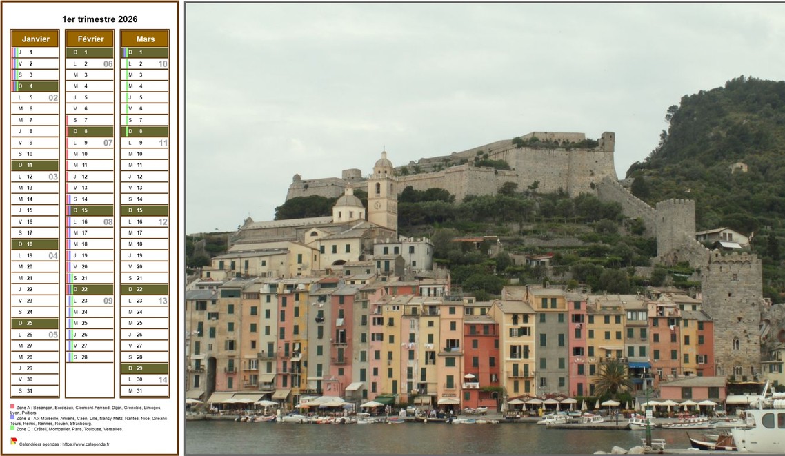 Calendrier 2026 à imprimer trimestriel, format paysage, une colonne par mois, à gauche d'une photo