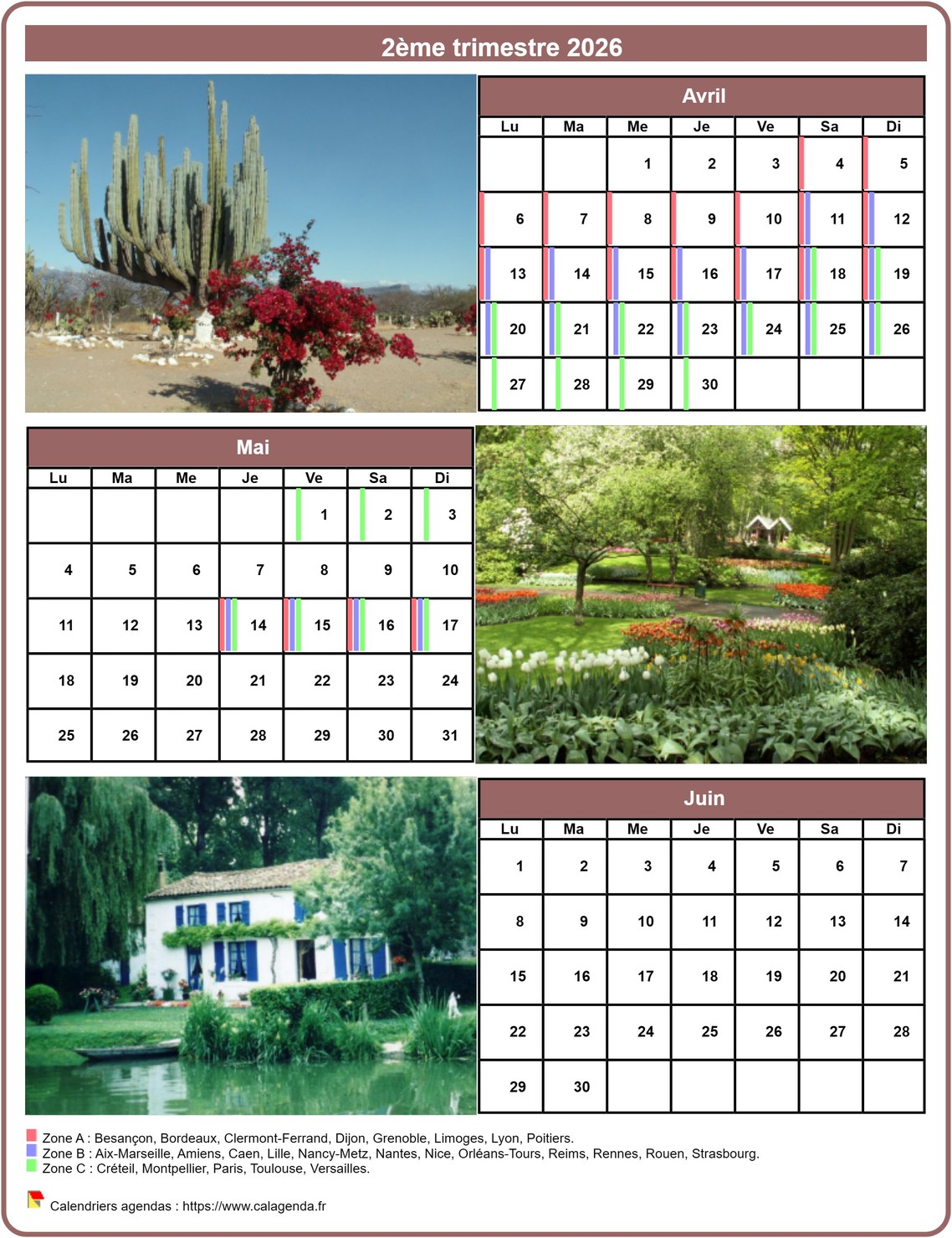 Calendrier 2026 trimestriel avec une photo différente chaque mois