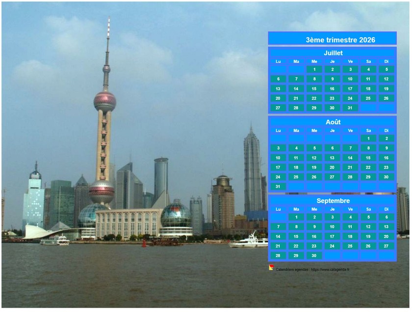 Calendrier 2026 à imprimer trimestriel, format paysage, au dessus de la partie droite d'une photo (Shangaï).