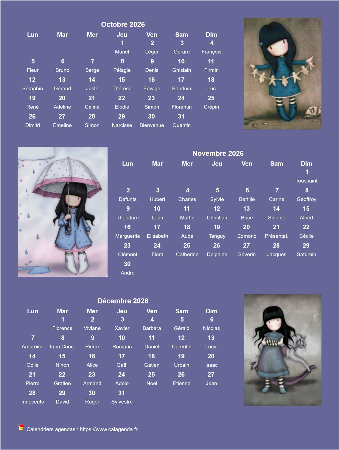 Calendrier 2026 trimestriel Gorjuss